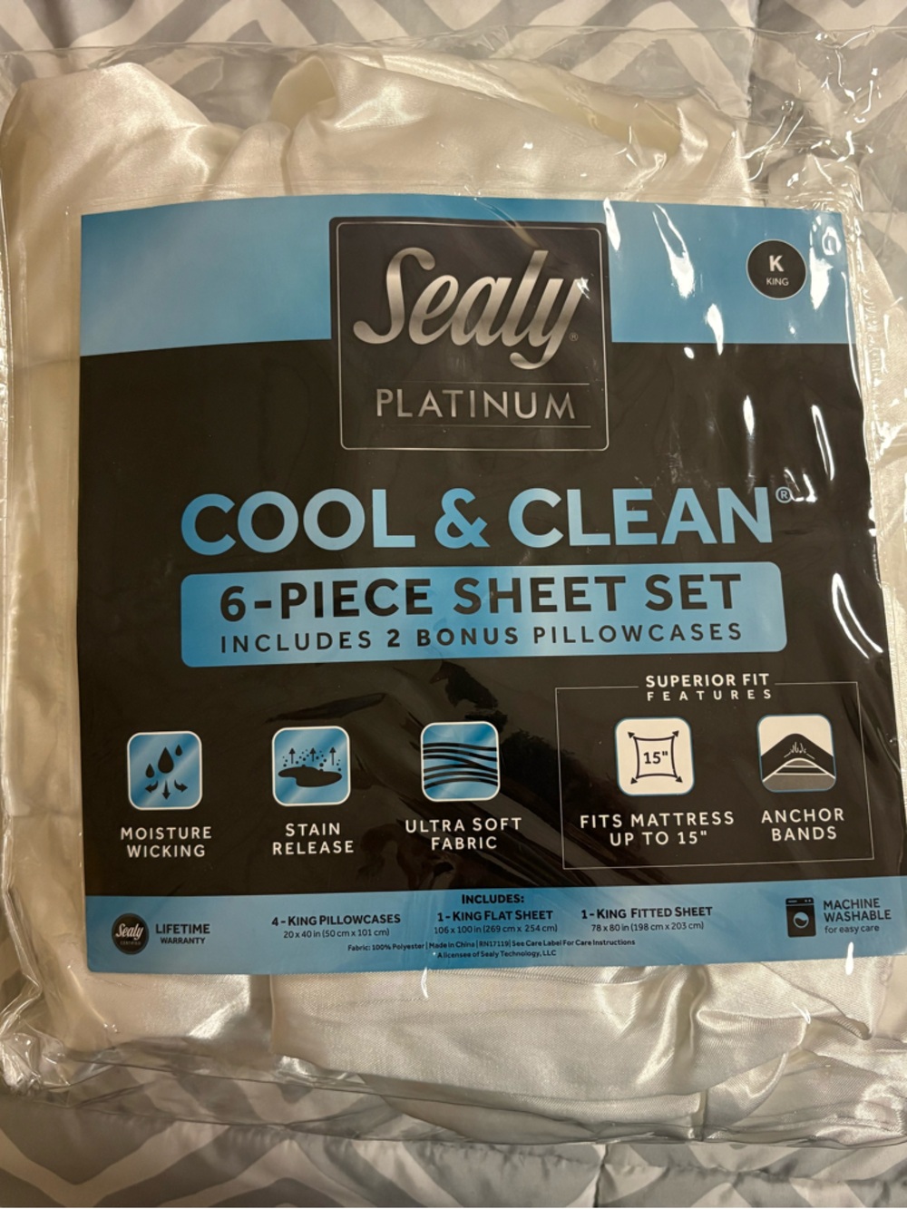 Sealy Platinum Cool Clean Superior Fit 6 Piece King Sheet Set New In Package